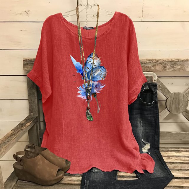 Qiopertar T-Shirts Imprimés Mode pour Femmes Col Rond Manches Courtes Raglan T-Shirt Ample en Coton Lin Blouses Grandes Économies de Vacances! Liquidation Moins de 5$ Livraison Gratuite