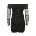 thumbnail image 6 of Women Tulle Sexy Off Shoulder Dress Sequin Long Sleeve Ruched Bodycon Mini Dress for Party Evening, 6 of 9