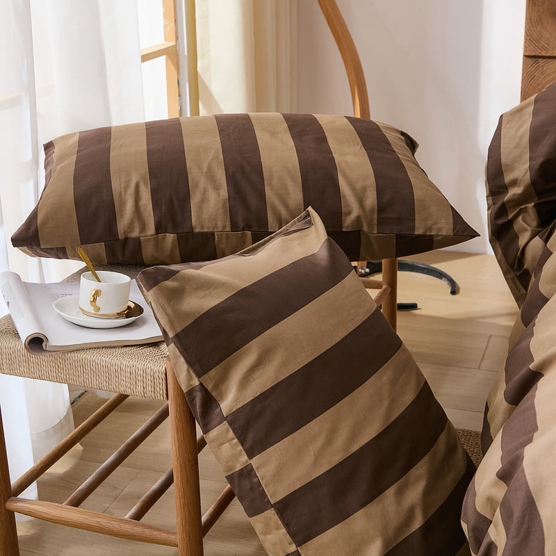 Brown Striped Striped Duvet Cover Set Queen Size, 100% Cotton Duvet Cover Set with Zipper Closure and 8 Corner Ties, 3 Pieces Soft and Breathable Natural Cotton Bedding Set for All Seasons