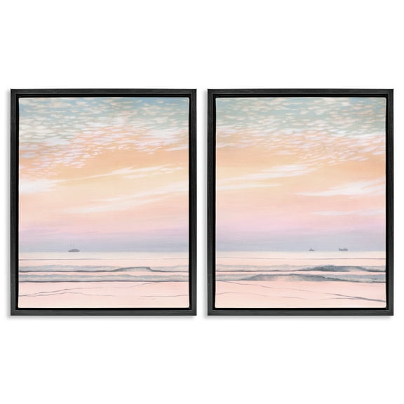 Stupell Industries Peachy Coastal Sunrise Nautical & Beach Painting Black Floater Framed Canvas Art Print Wall Art, 17 x 21, Set of 2