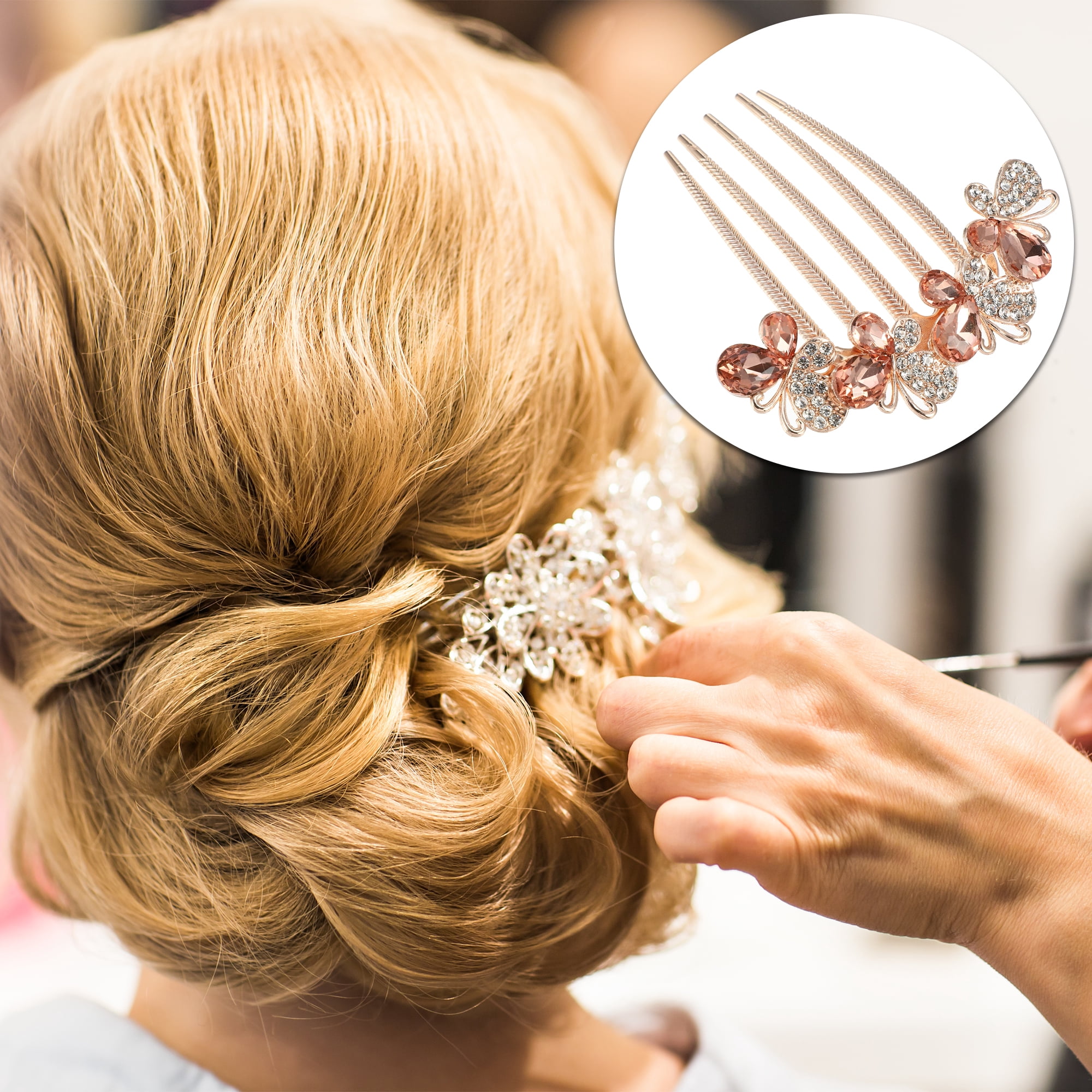 Unique Bargains Women Rhinestone Inlaid Flower Hair Comb Side Comb Clips Champagne