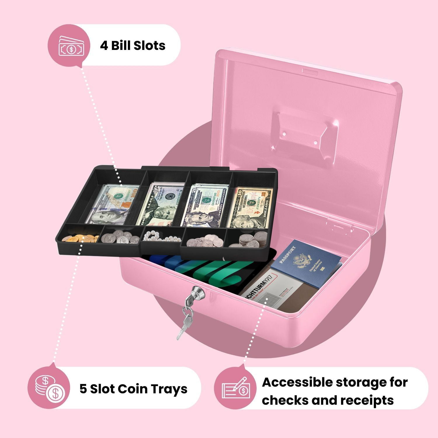 Cash Box with Money Tray, 2 Keys, Pink Security Lock Box with Removable 9 Compartment Tray Steel Construction Cashier Drawer Money Safe Storage for Currency Bill Check Jewelry, Small Portable