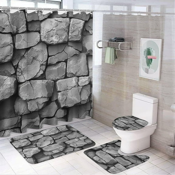 Bathroom Rugs Sets 4 Piece with Shower Curtain sets, Green Leaves on White Wood Pattern Printed on Bathroom Shower Curtain and Rug Set, Perfect for Hotel Dorm Spa Home, 72 x 72 inches