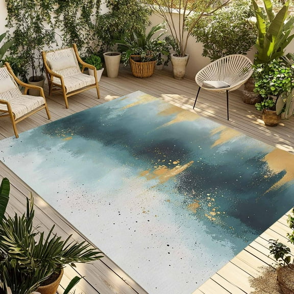 Fsddascl Modern Teal Gold Outdoor Rug for Patio/Deck/Porch, Non-Slip Large Area Rug 5 x 8 Ft, Abstract Geometric Lines Indoor Outdoor Rugs Washable Area Rugs, Reversible Camping Rug Carpet Runner
