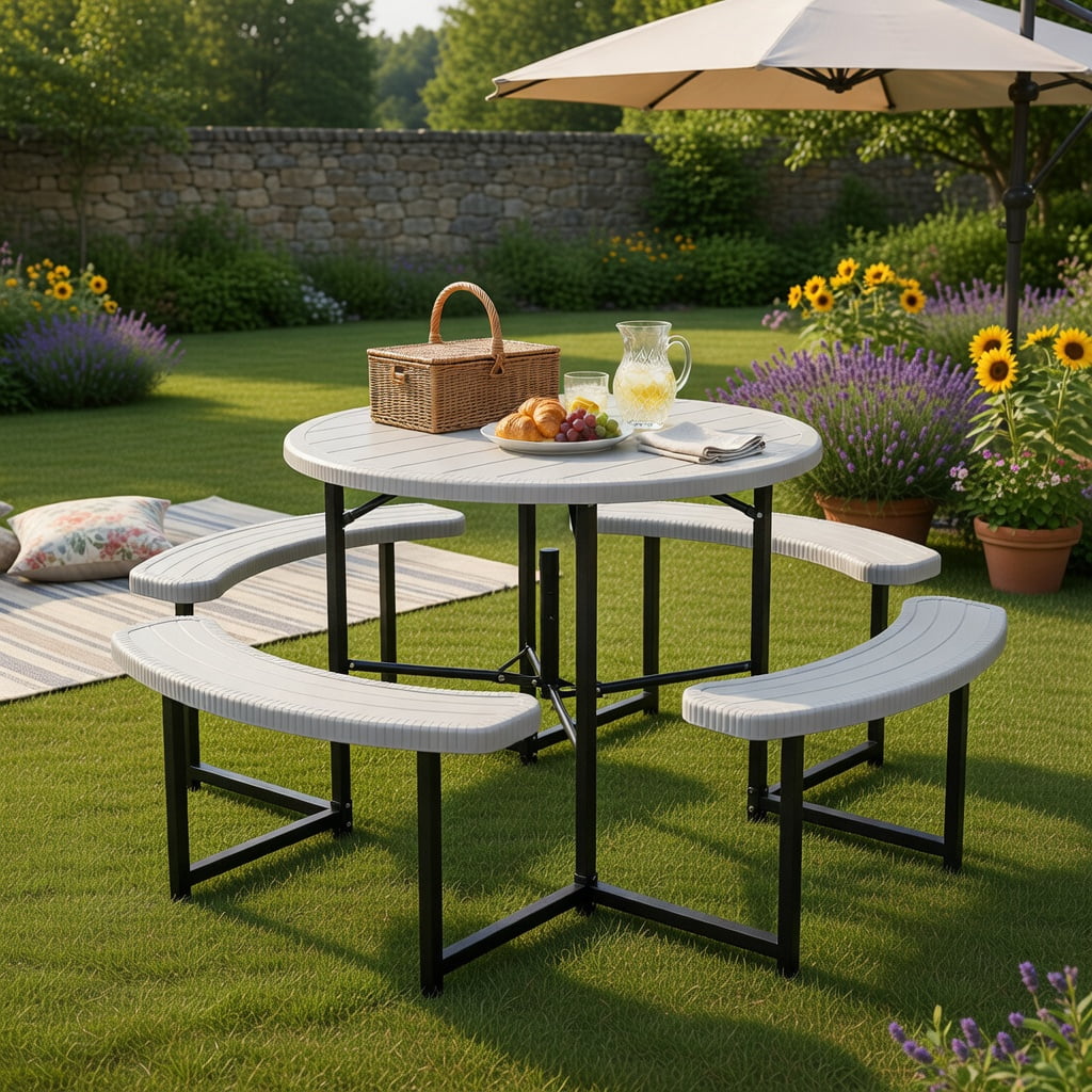 Hommoo Round Outdoor Picnic Table Set with 4 Matching Benches & Umbrella Hole, Weather-Resistant HDPE Top, Heavy-Duty Metal Frame, White