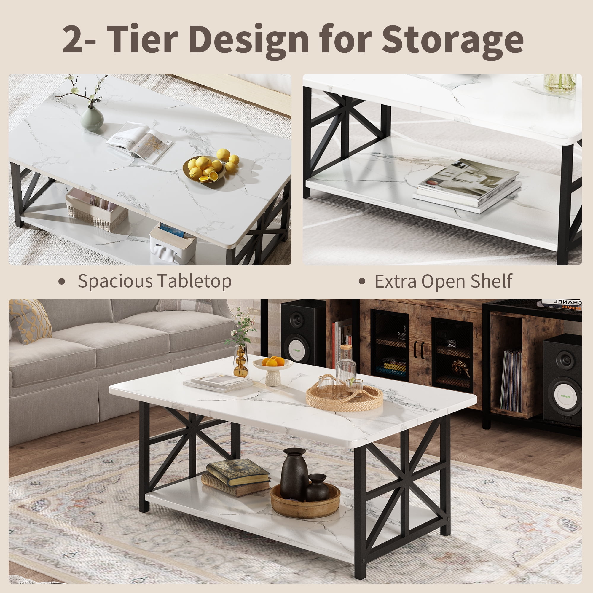 Baxluxe Faux Marble Coffee Table with Storage Shelves, 2-Tier Storage Rectangular Living Room Center Table, Metal Base Sturdy Modern Coffee Tea Table for Living Room, Apartment, Office, White
