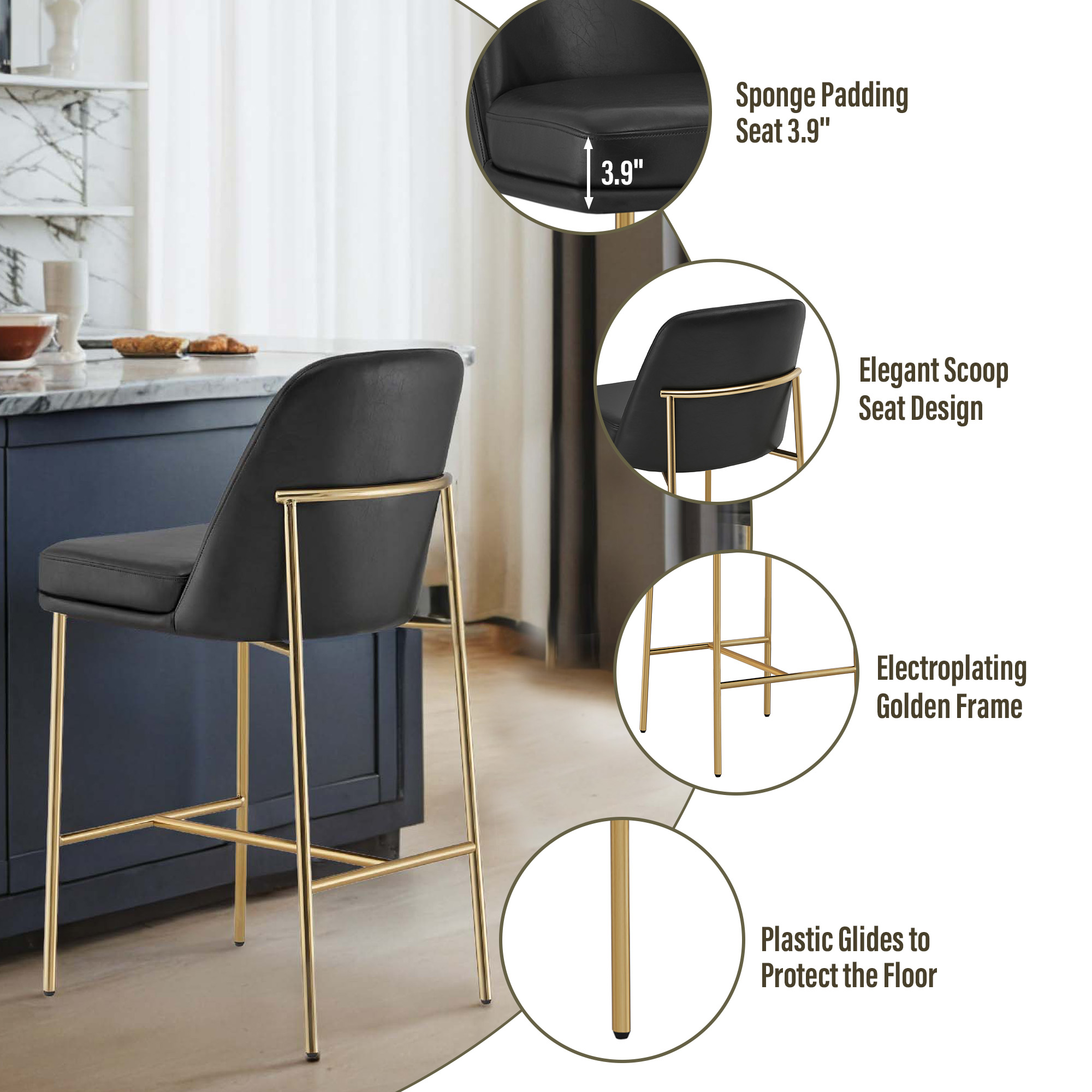 Spruce & Spring Modern 27-Inch Contemporary Counter Stool Set with Upholstered Seat and Metal Frame Set of 2, Black Faux Leather