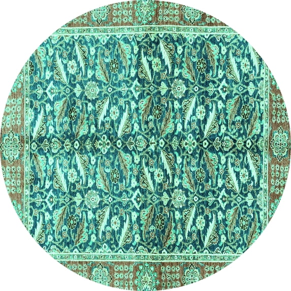 Ahgly Company Machine Washable Indoor Round Oriental Turquoise Blue Traditional Area Rugs, 6' Round