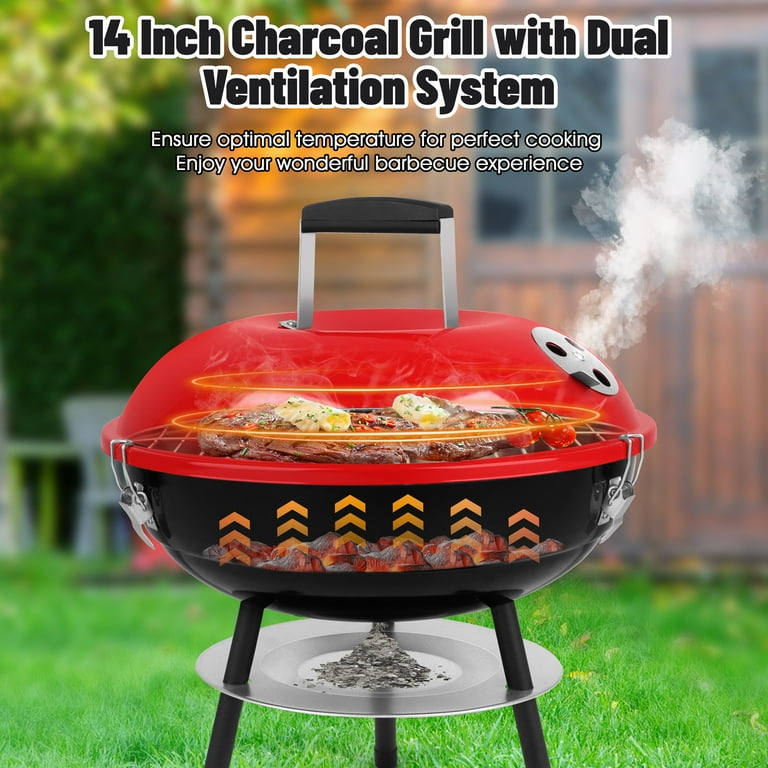 Walchoice 14 inch Portable Charcoal Grill with Red Lid Small BBQ Grill for Outdoor Cooking Backyard Barbecue Party Camping Dual Ventilation