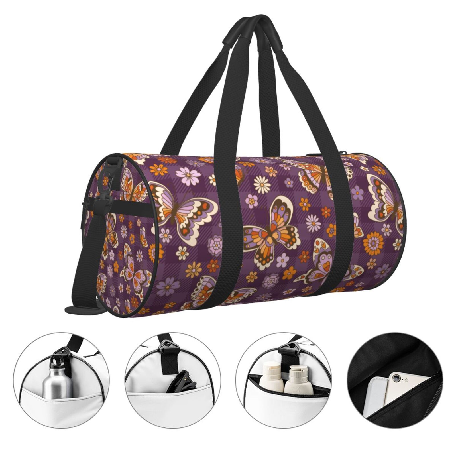 Vsdgher Buffalo Plaid and Butterflys 45L Foldable Duffel Bag, Sports Gym Bag,Overnight Bag, Portable Weekender Bag for Airplanes