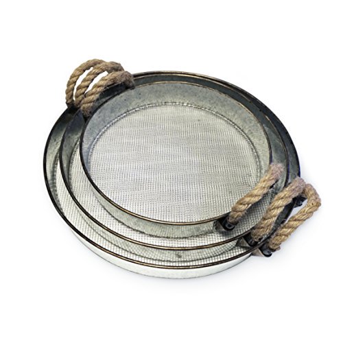 Round Metal Decorative Nesting Tray Set, Mesh Bottom with Rope Handles, Vintage Rustic