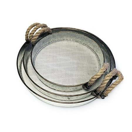 Round Metal Tray Round Metal Decorative Nesting Tray Set, Mesh Bottom with Rope Handles, Vintage Rustic Distressed Design, Serving Trays for Country Kitchen, Coffee Table, Set of 3 ()