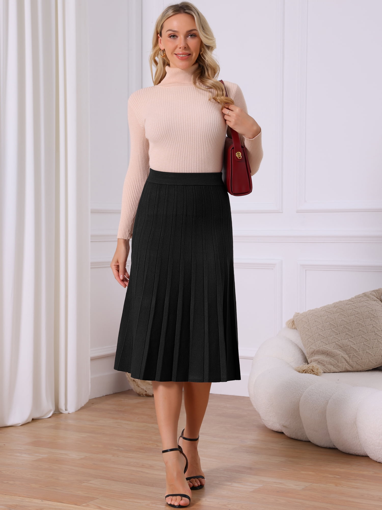 DARING DIVA Women's Pleated High Waist A Line Knit Midi Skirt S Black