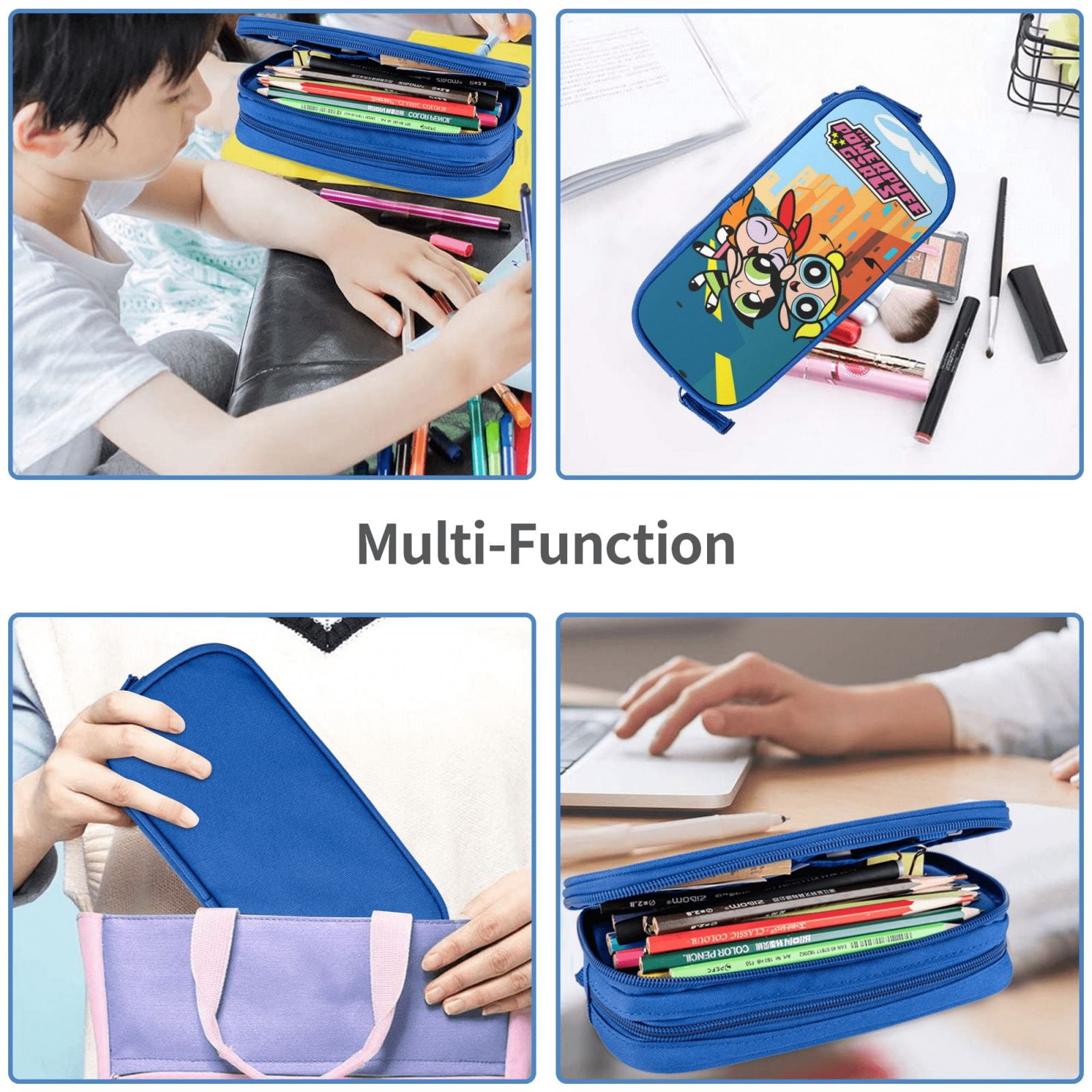 The Powerpuff Gi-rls Pencil Case Large Capacity Pencil Pouch Penbag Office Stationery Organizer Travel Makeup Bag Blue