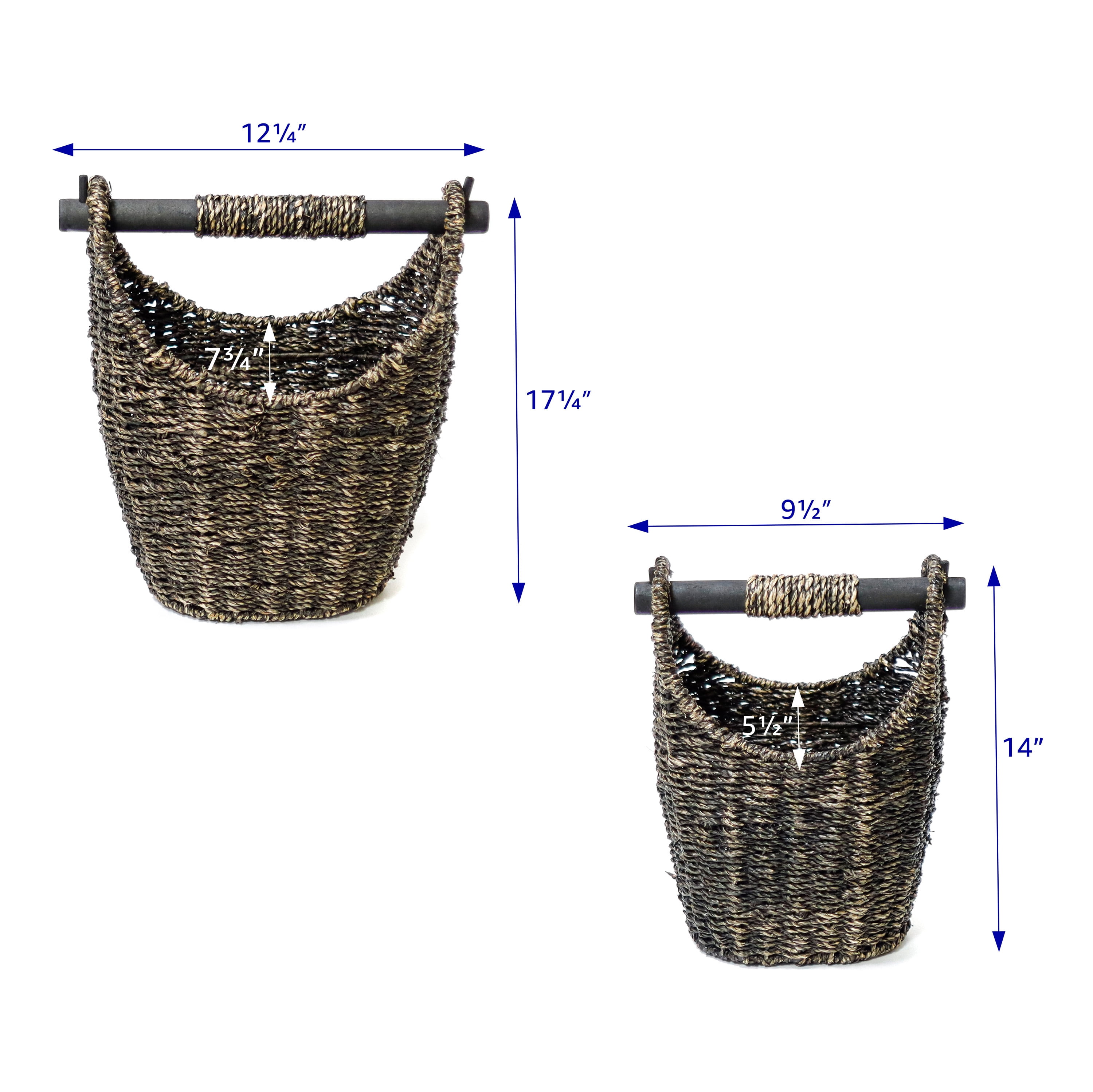 12.2 in & 9.4 in Tall Seagrass Carry Baskets with Wooden Handle (Set of 2, Brown)