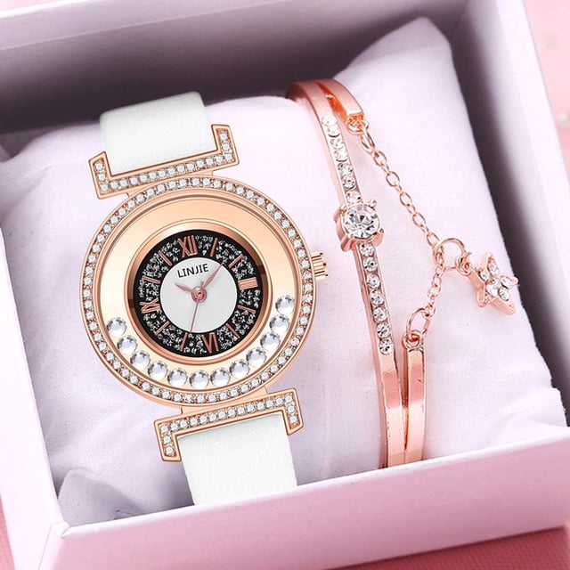 Pulseras para mujer, regalos para mujer LINJIE Reloj de cuarzo de moda para mujer Reloj con correa de cuero Reloj analógico Conjunto Reloj de aleación