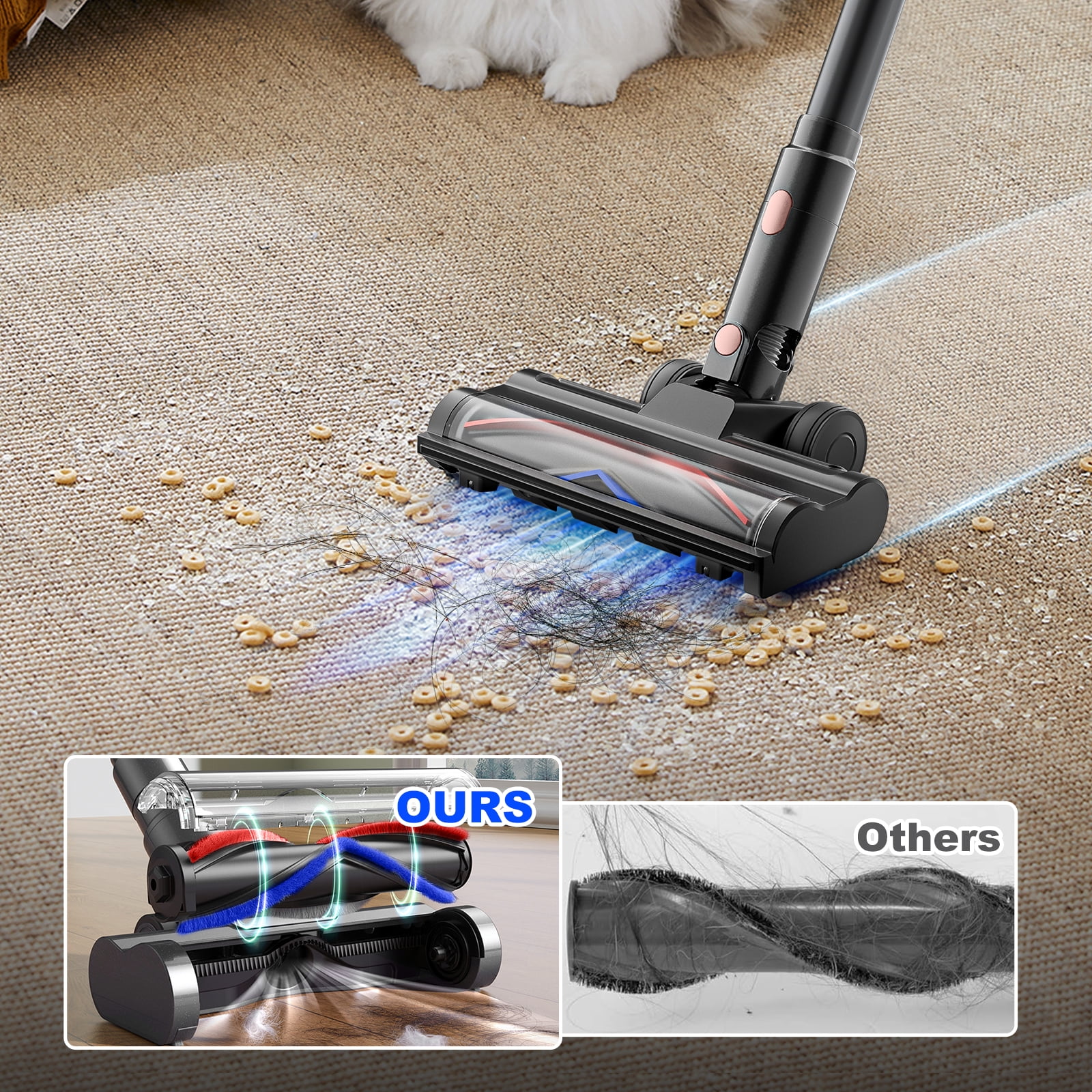 HOOFUN Cordless Vacuum Cleaner, 50mins Runtime, Powerful Stick Vacuum 6*2600mah Rechargeable Cordless Vacuum for Carpet, Tile, Pet Hair, Hardwood Floors, rose gold