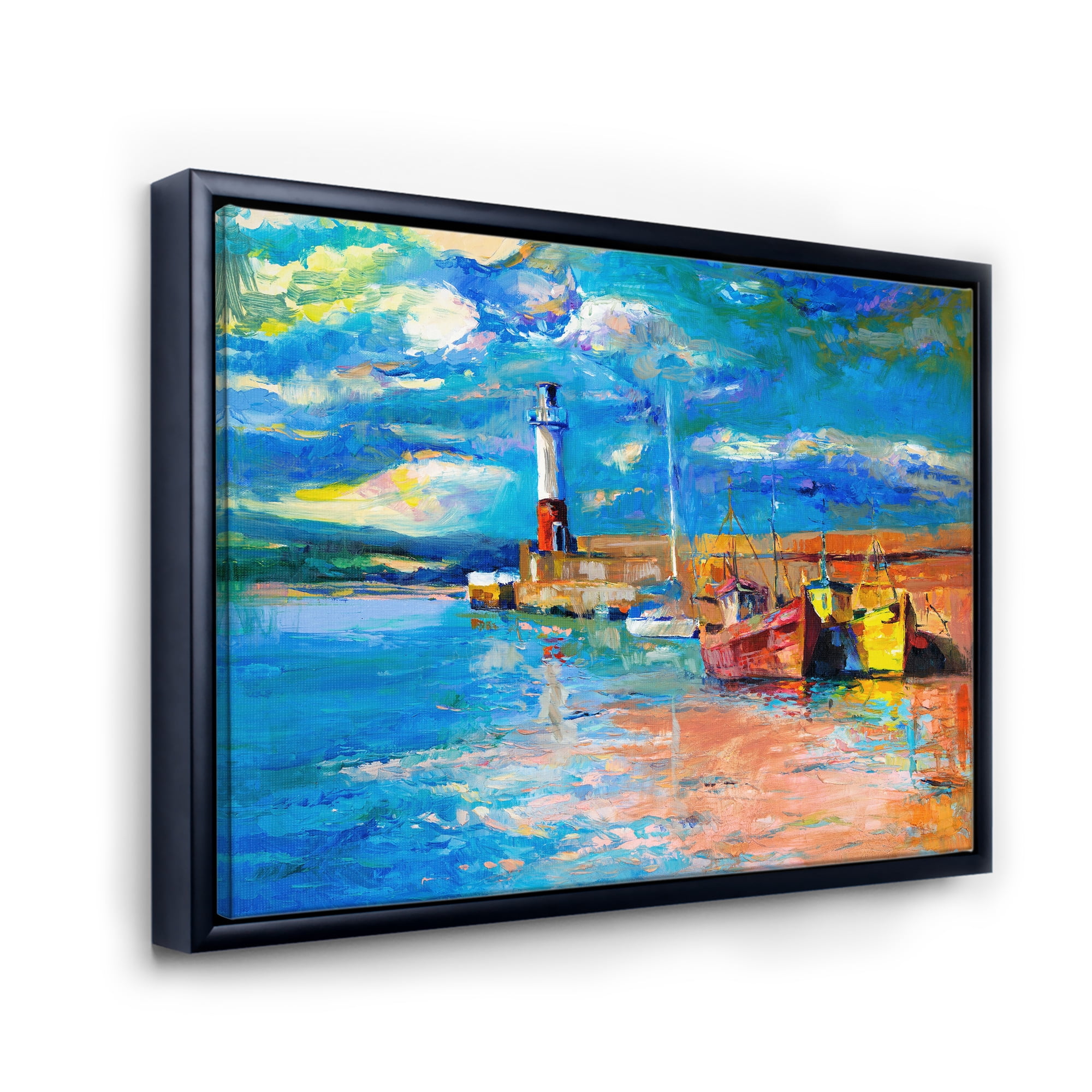 Designart 'Lighthouse By The Shore In Evening Glow ' Nautical & Coastal Framed Canvas Wall Art Print