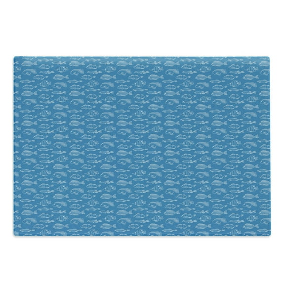 Nautical Blue Cutting Board, Repetitive Pattern of Different Fish Spices in Outline Style Design, Decorative Tempered Glass Cutting and Serving Board, in 3 Sizes, by Ambesonne