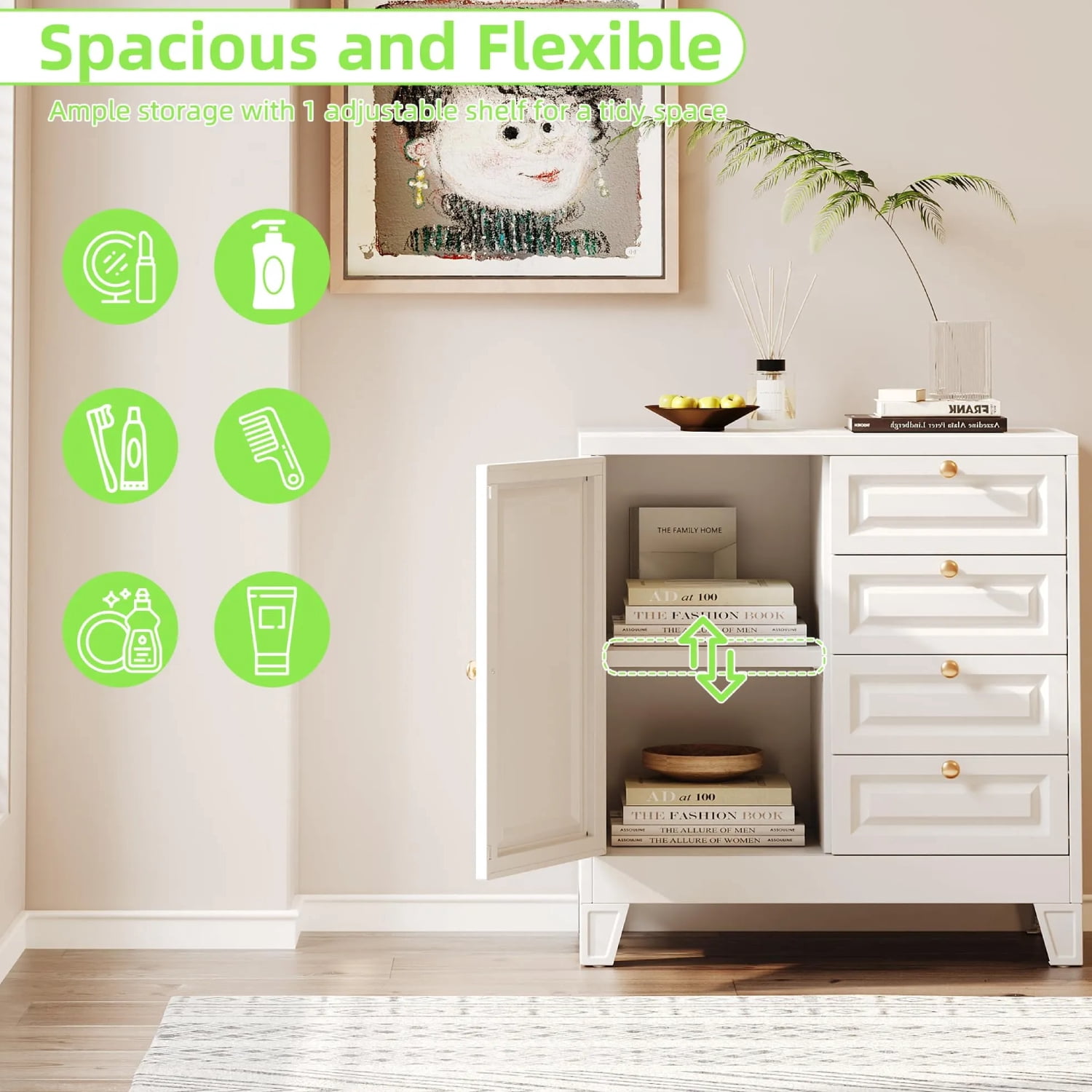 Bathroom Floor Cabinet, Wooden Storage Organizer with 4 Drawers & 1 Door, Free-Standing Cupboard for Bathroom & Kitchen, White