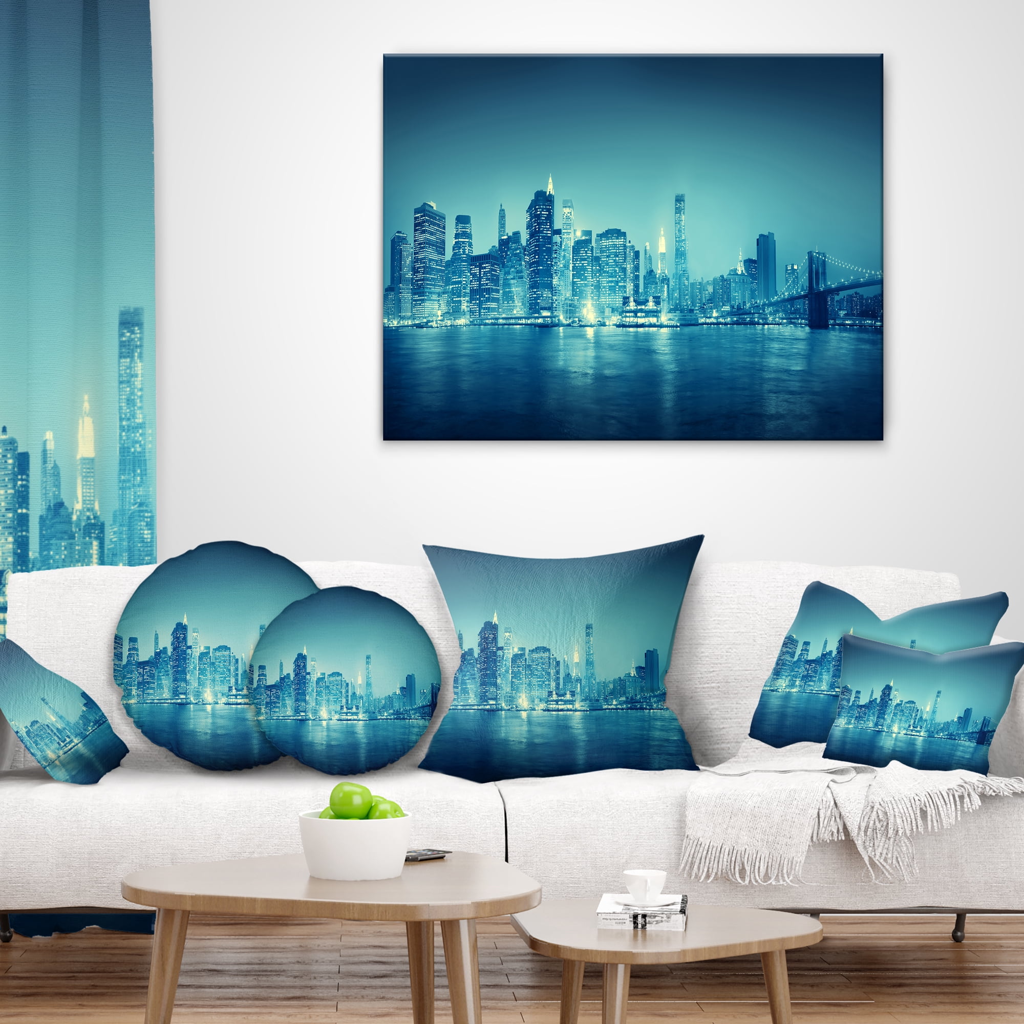 Designart Blue New York at Night - Cityscape Digital Throw Pillow - 18x18