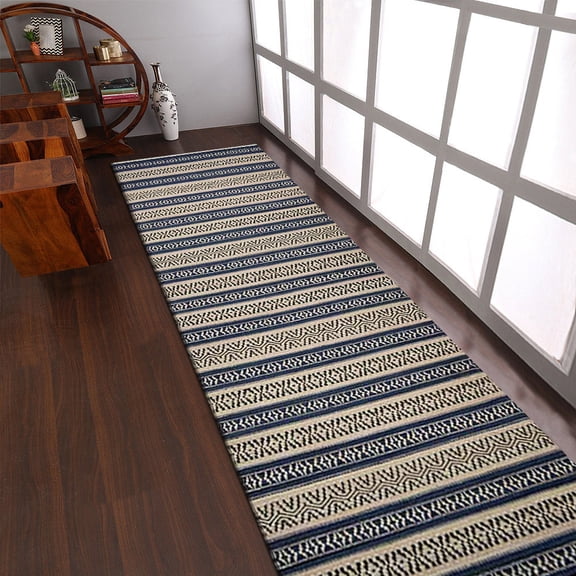 Rugsotic Carpets Hand Woven Flat Weave Kilim Wool Eco-Friendly 2'6''x10' Area Rugs Runner Aqua Cream Contemporary Modern Design Low Pile Indoor Handmade Rug for Living Room, Bedroom D00114