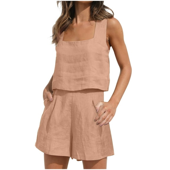 QUYUON Womens Two Piece Outfits Womens Shorts Sets Two Piece Outfits Solid Color Sleeveless Square Neck Crop Tops Tank and High Waisted Shorts with Pockets Casual Linen Short Pants Sets