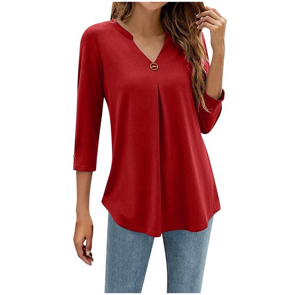 Womens Shirts Dressy Casual New Ladies' Casual Solid Color Waist Cinched 3/4 Sleeve V-Neck Top/Shirt Red M