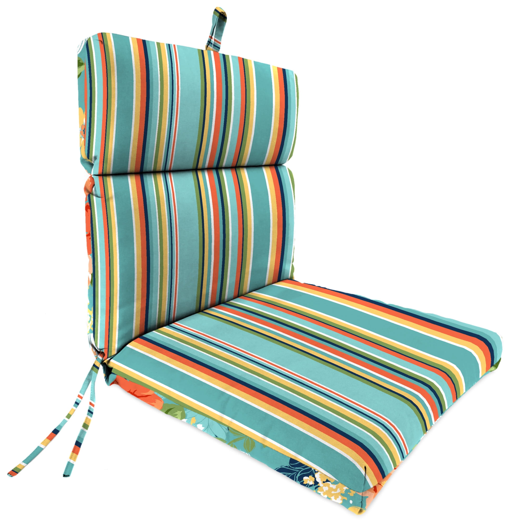 Jordan Manufacturing 44" x 22" Mamba Pelican Turquoise Stripe and Senorita Pelican Turquoise Floral Reversible Rectangular Outdoor Chair Cushion with Ties and Hanger Loop