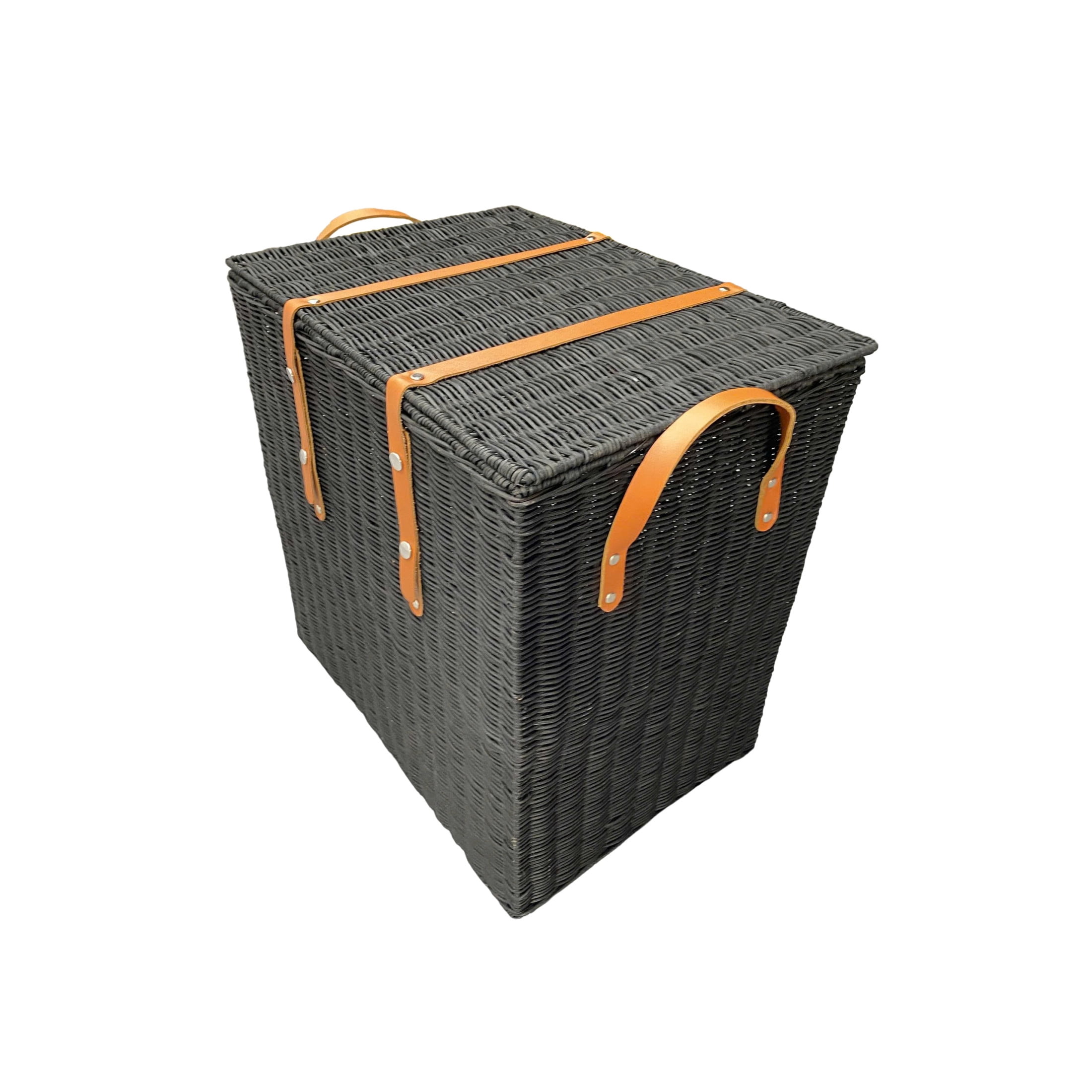 DecMode 20" x 21" Black Rattan Handmade Woven Storage Basket with Brown Leather Handles, 1-Piece