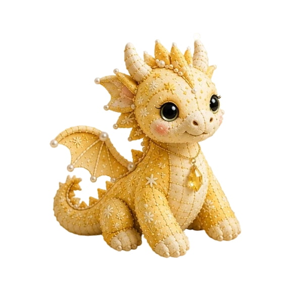 Yellow Plush Toys, Cute Dragon Plush, Quilted Texture, Pearl Necklace Accent, 5X5X1 Inch Sewn Detailing Stuffed Animal with Gem Pendant, Charming Large Eyes, Soft Fabric for and