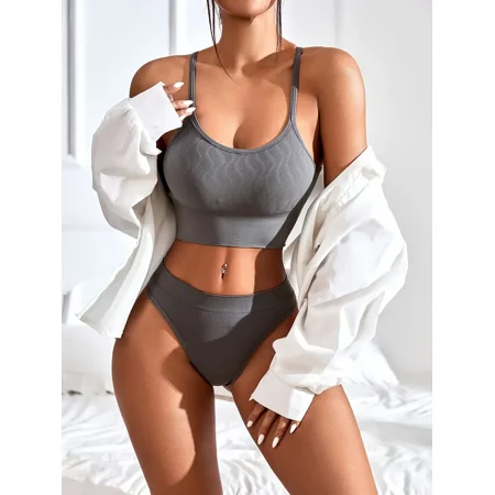 

Solid Gathered Lingerie Sets Soft Ribbed Racerback Bra & Bikini Panties Women‘s Lingerie & Underwear