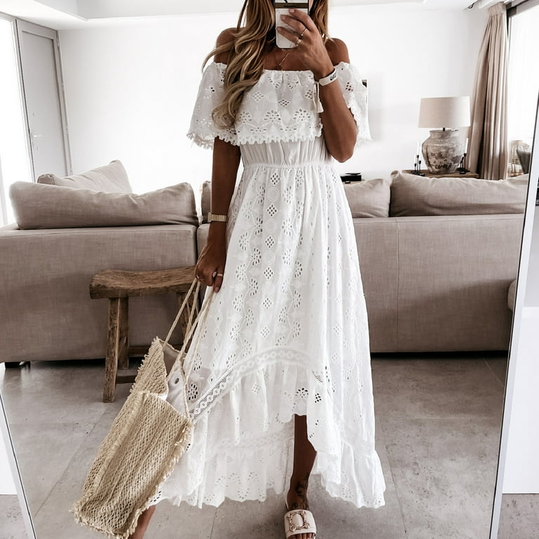 Women's Bohemian Lace Long Dress White Beach Dress Short Sleeve
