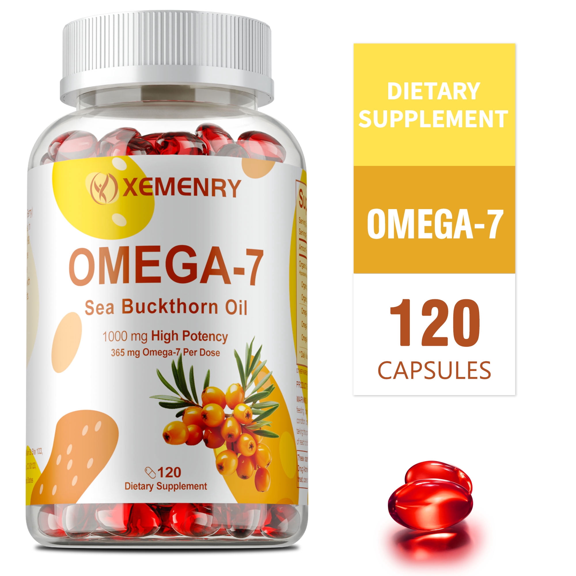 Sea Buckthorn Oil Omega-7 Capsules - Supports Heart, Cardiovascular and Skin Health, Promotes Metabolism, Antioxidant - 120 Softgels