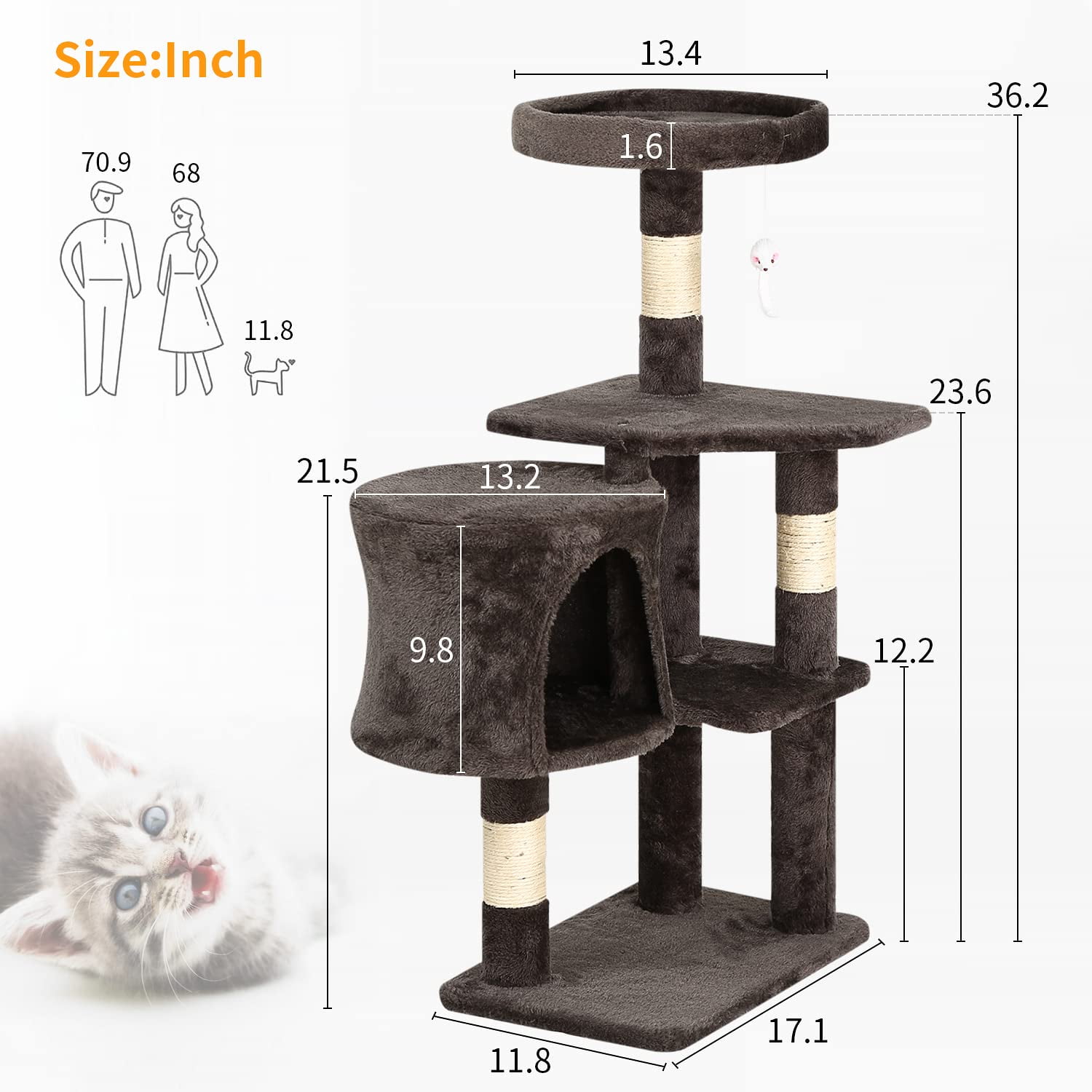 YRLLENSDAN 36 inch Cat Tree Tower for Indoor Cats, Small Cat Tower with Scratching Post, Cat Climbing Tower with Sturdy Cat Condo, Kitten Tree, Dark Gray
