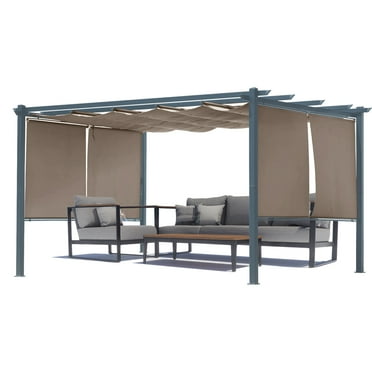 Aoodor 13 x 10 ft Outdoor Pergola with Retractable Shade Canopy, Dark Gray Matte Aluminum Frame, 4 Pieces Roller Shade Curtain, Grape Trellis Pergola for Patio Backyard and Deck - Brown