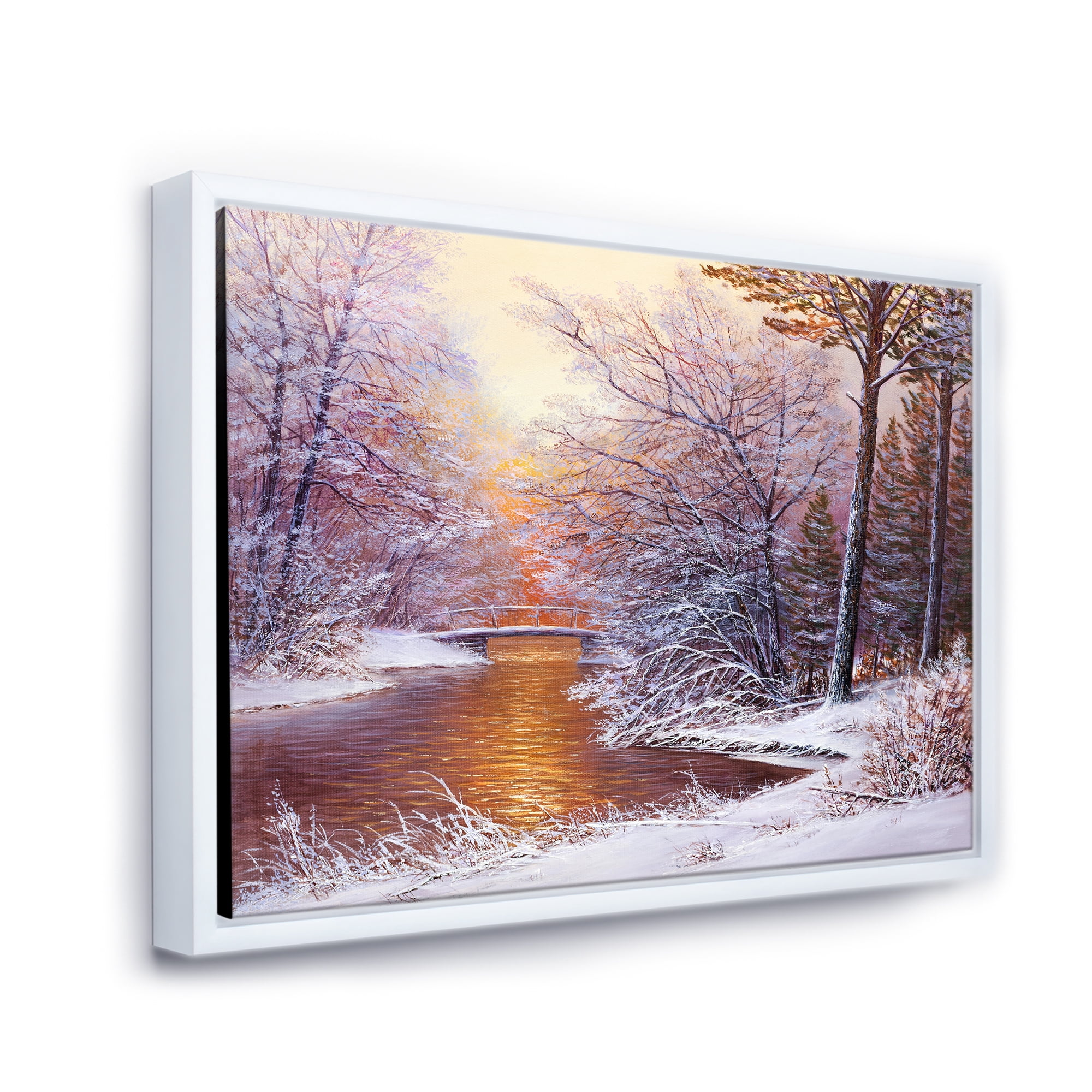 Designart 'Christmas Forest With Trees and River II' Traditional Framed Canvas Wall Art Print