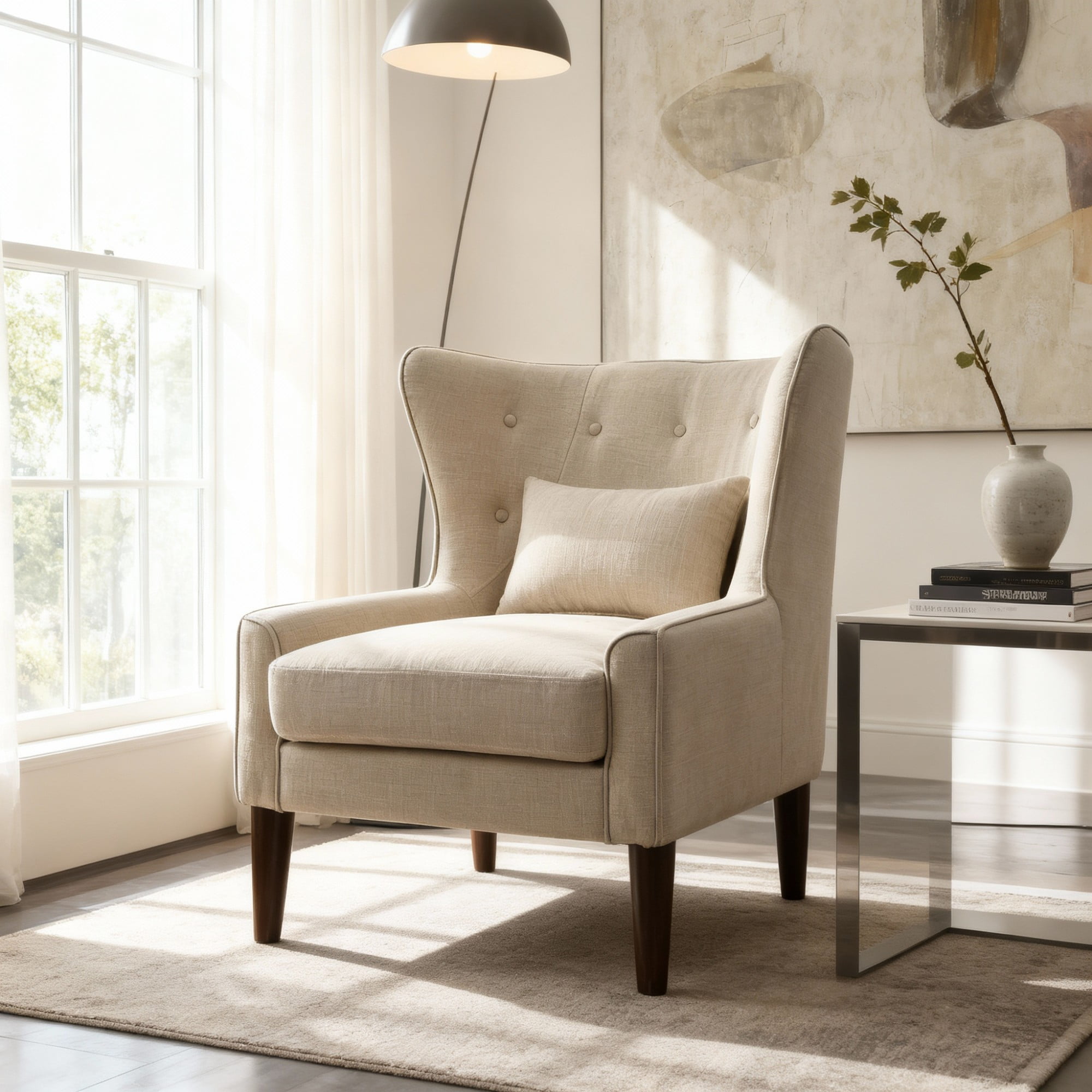Gewnee Beige 32" Accent Chair - Solid Rubberwood Legs, Linen Fabric with Back Cushion, Suitable for Living Room & Balcony
