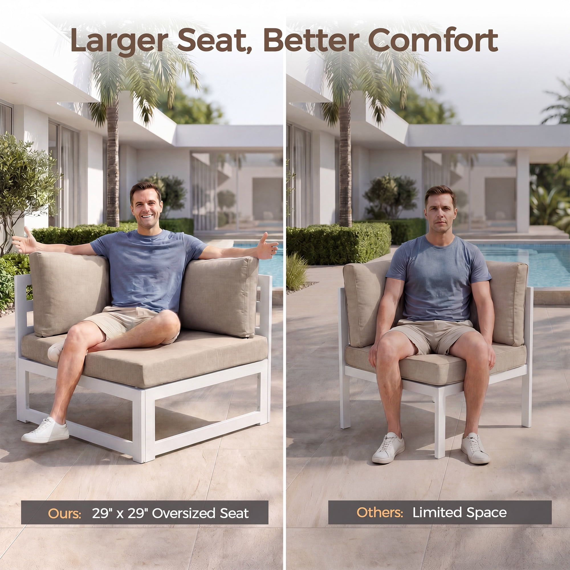 RADIATA Patio Aluminum Furniture Set with Oversized 29" Seats&Coffee Table, 8 Pieces Large Outdoor Modern Sectional Conversation Sofa Set with 4" Cushions for Backyard, Poolside, White&Beige