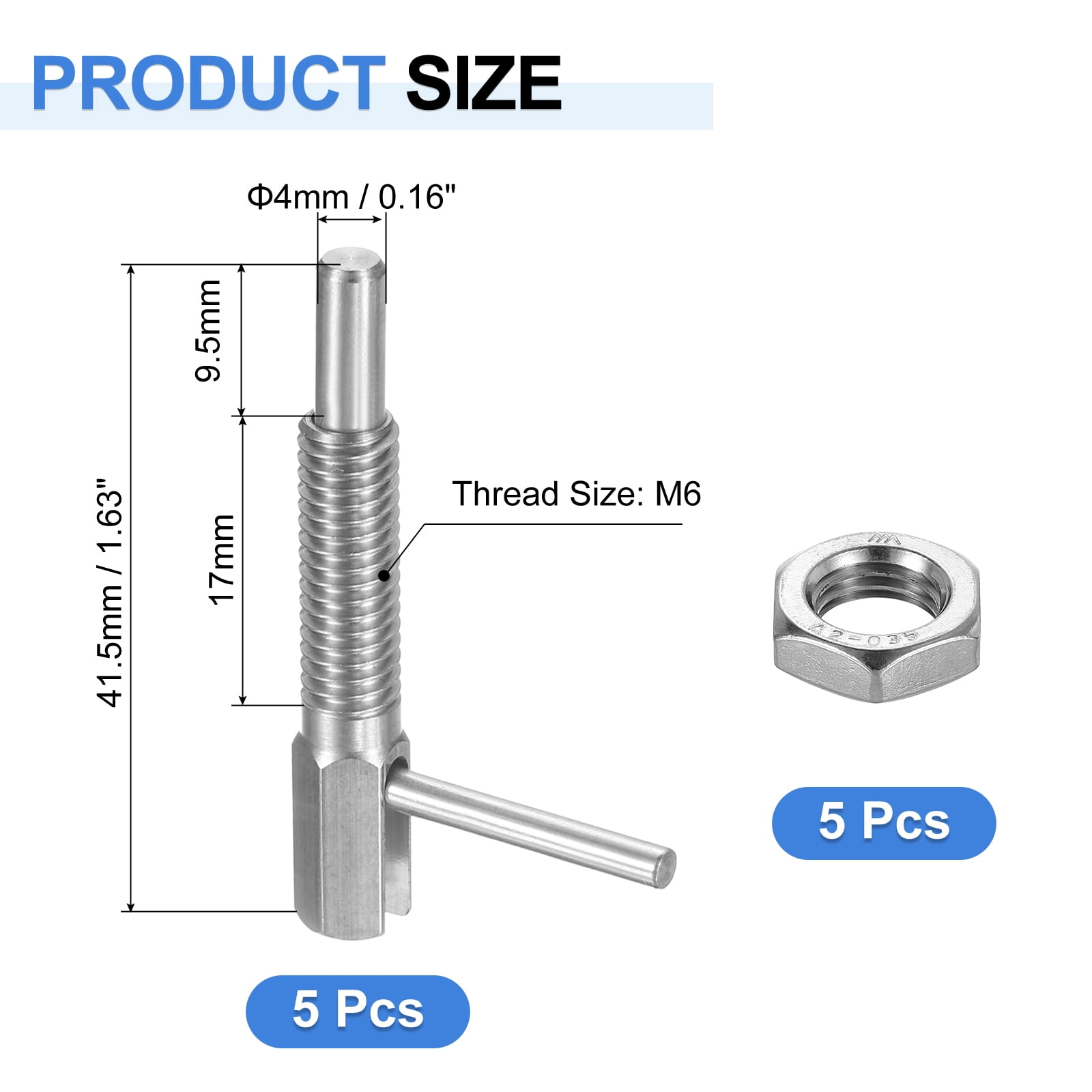 Uxcell 5 Pack Retractable Indexing Plunger Pin, M6 L Spring Plunger Stainless Steel Spring Loaded Latch Telescopic Locking Pin with Nut for Machinery Shipbuilding