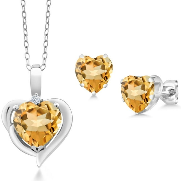 Gem Stone King 925 Sterling Silver Yellow Citrine Pendant Necklace Earrings Set for Women (2.72 Cttw, Heart Shape 8MM and 6MM, with 18 inch Chain)
