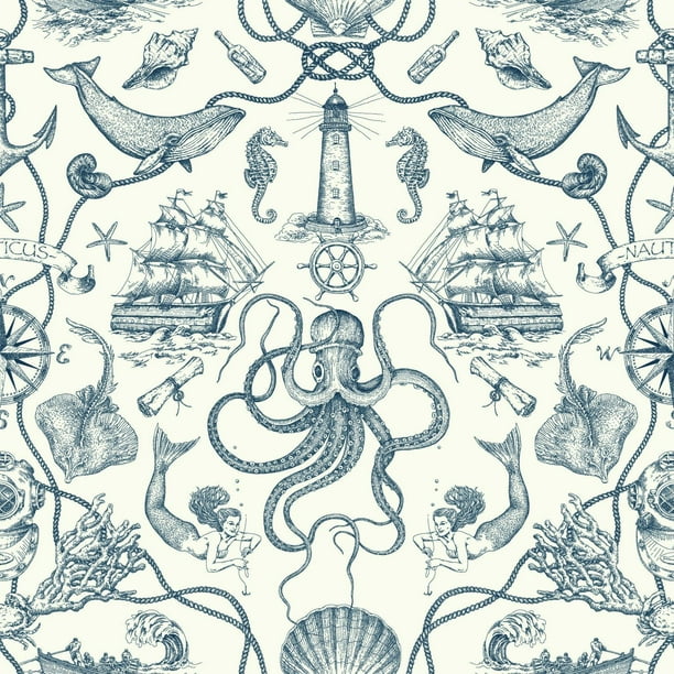 Manhattan Comfort Biscayne Deep Sea Toile Wallpaper - Walmart.com