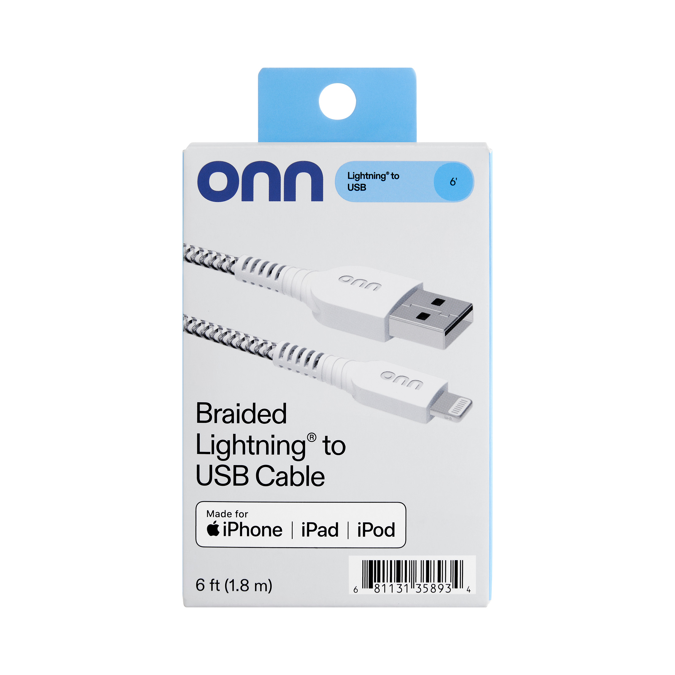 onn 6ft Lightning to USB-A Braided Cable, White photo 3