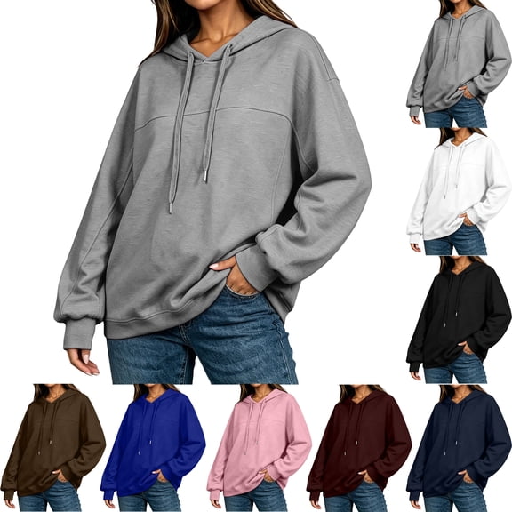 SYwaren Women's Fashion Hoodies Solid Color Long Sleeve Drawstring Casual Loose Fit Pullover Sweatshirt Top