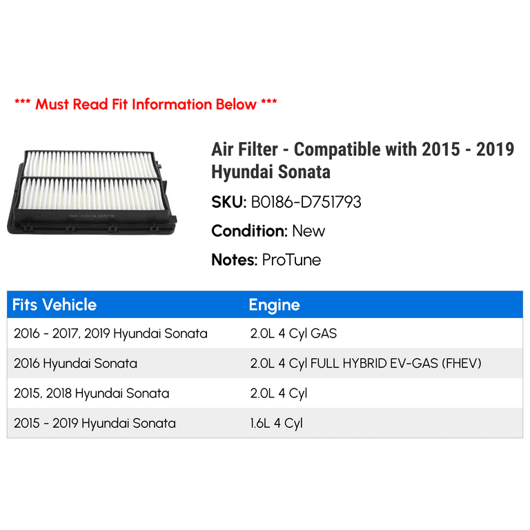Air Filter Compatible with 2015 2019 Hyundai Sonata 2016 2017 2018