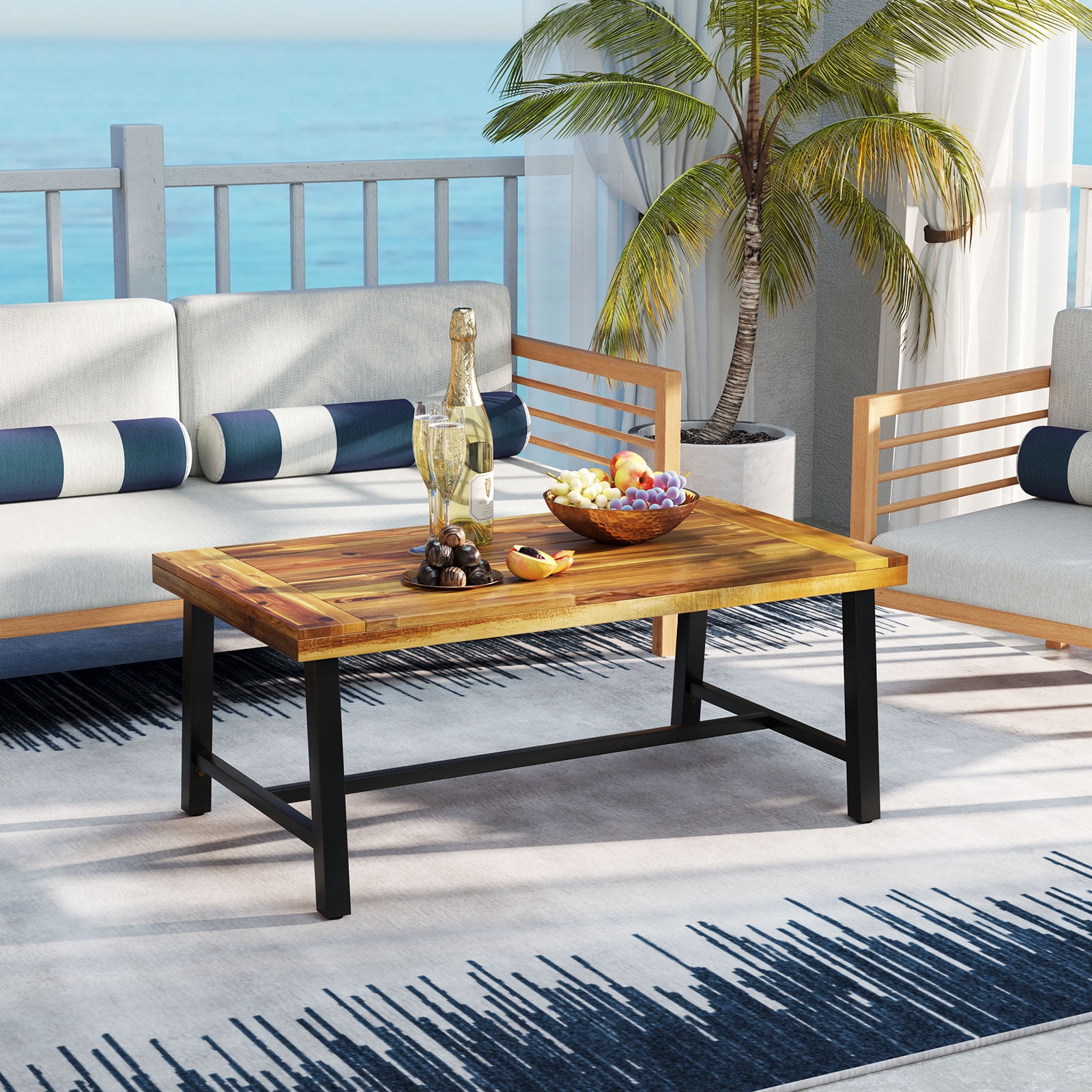 Gymax Acacia Wood Coffee Table Indoor Outdoor Rectangle Center Table w/ Thickened Top