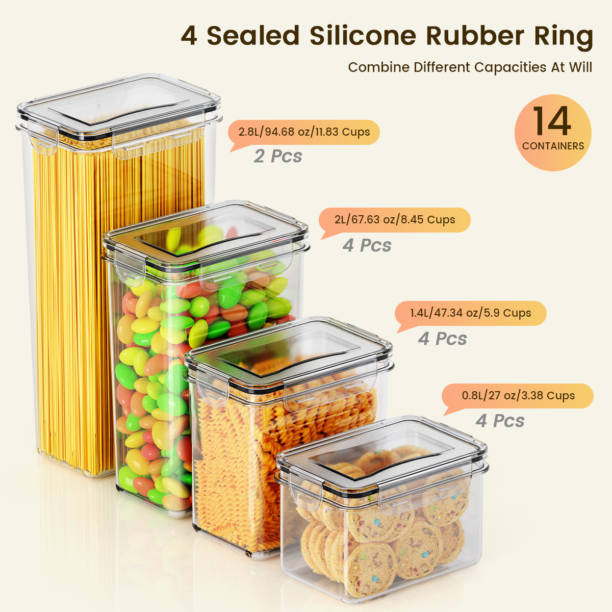 GPED 14 Pack Airtight Food Storage Containers with Lids, Plastic Kitchen and Pantry Organization Canisters for Cereal, Dry Food, Flour and Sugar, BPA Free, Free Spoon Set, Labels & Marker