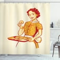 thumbnail image 1 of Vintage Woman Shower Curtain, Married Retro Housewife Serving and Eating Freshly Baked Cookies, Fabric Bathroom Set with Hooks, 69W X 75L Inches Long, Orange Vermilion Beige, by Ambesonne, 1 of 3