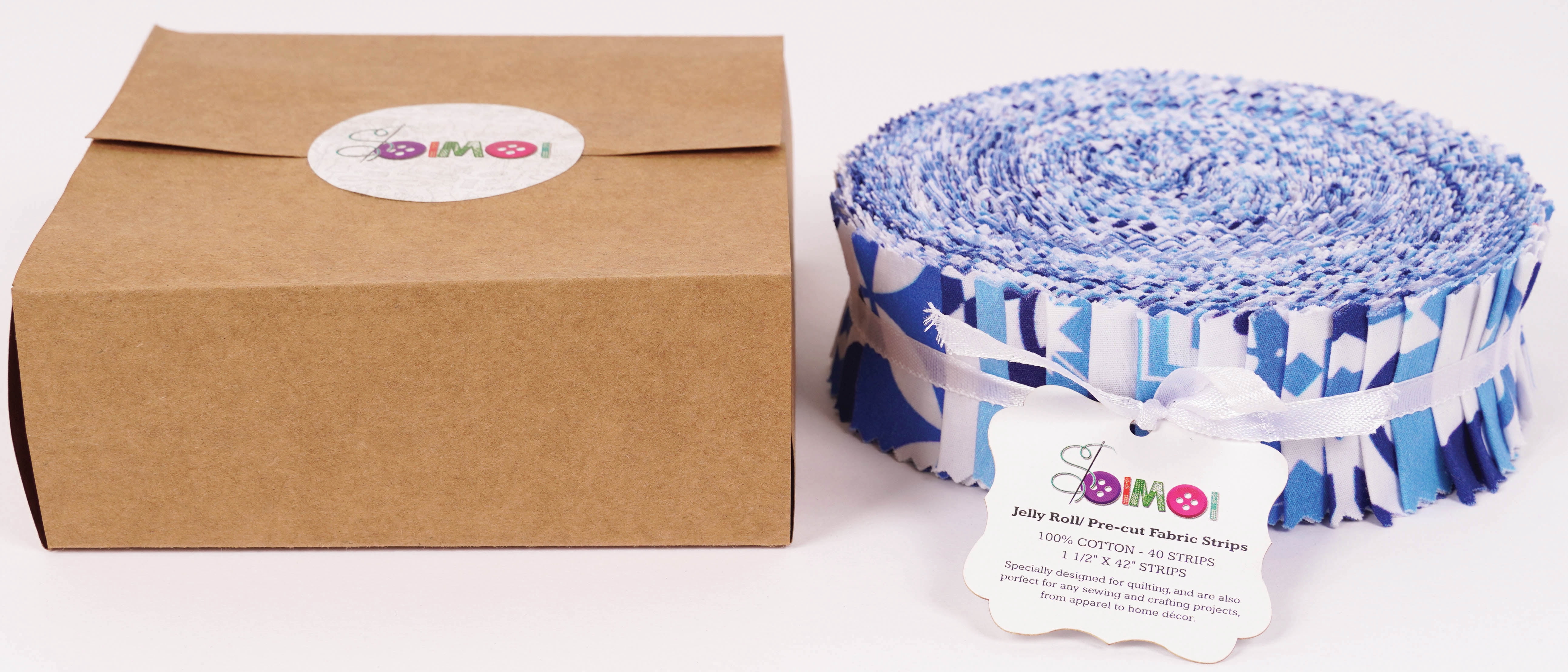 Soimoi 40Pcs Mosaic Print Precut Fabrics Strips Roll Up 1.5x42inches Cotton Jelly Rolls For Quilting - Medium Blue