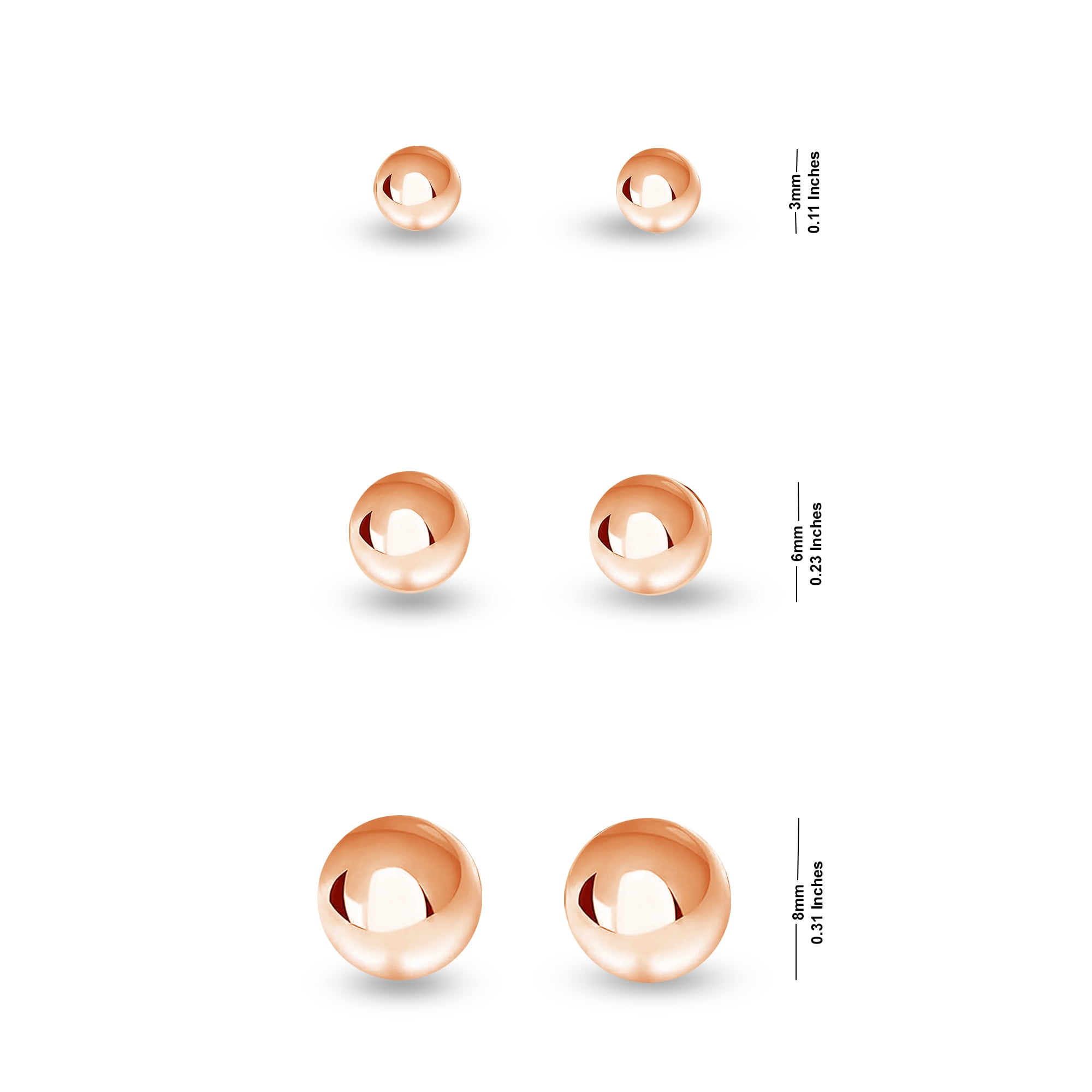 LeCalla 925 Sterling Silver Light-Weight 14K Micron Rose-Gold Plated Classic Ball Post Stud Earrings for Women and Teen Set of 3 Pairs (3MM, 6MM, 8MM)